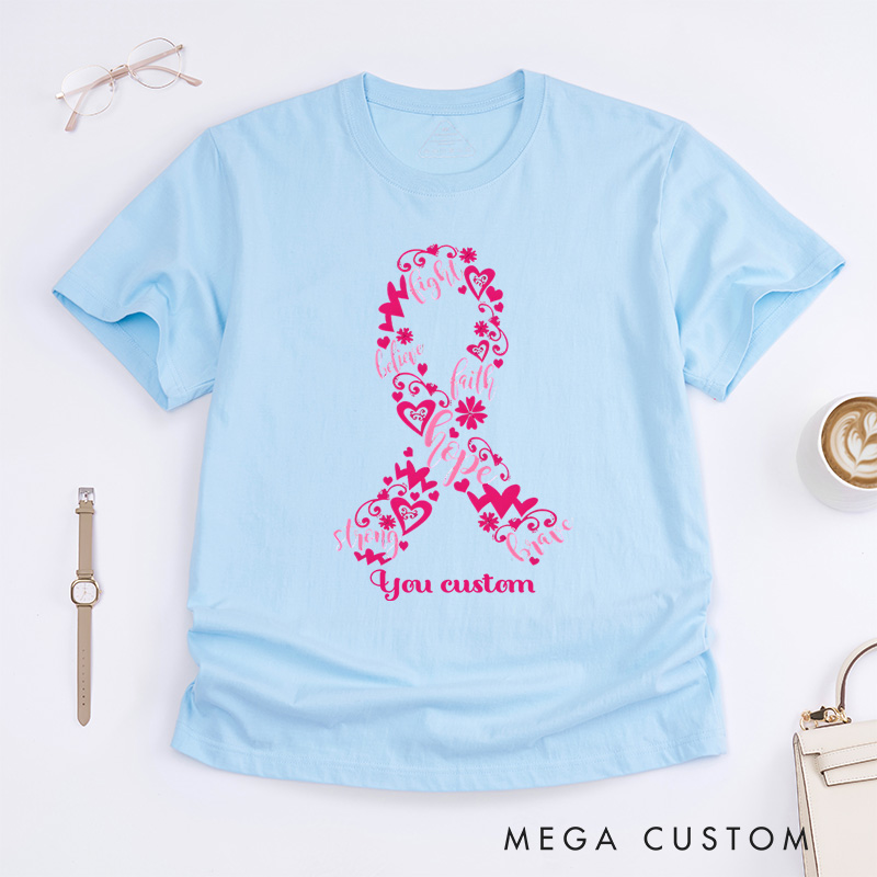 Personalized Floral Pink Ribbon Breast Cancer Awareness Elegant and Supportive T-shirt