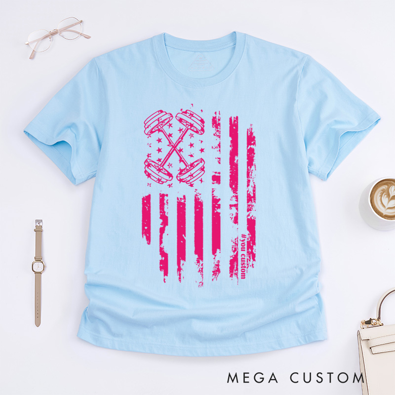 Personalized Pink Ribbon American Flag Design Supporting Breast Cancer Awareness T-shirt