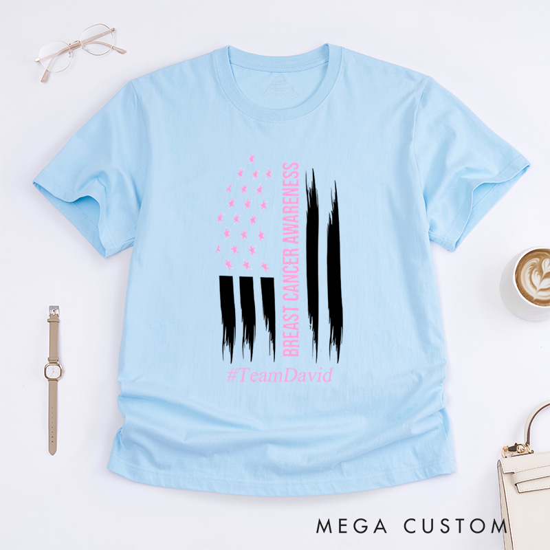 Personalized Breast Cancer Awareness American Flag Pink Ribbon Support Advocacy T-Shirt  