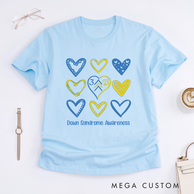 Personalized Down Syndrome Awareness Heart Pattern Support Inclusion Advocacy T-shirt