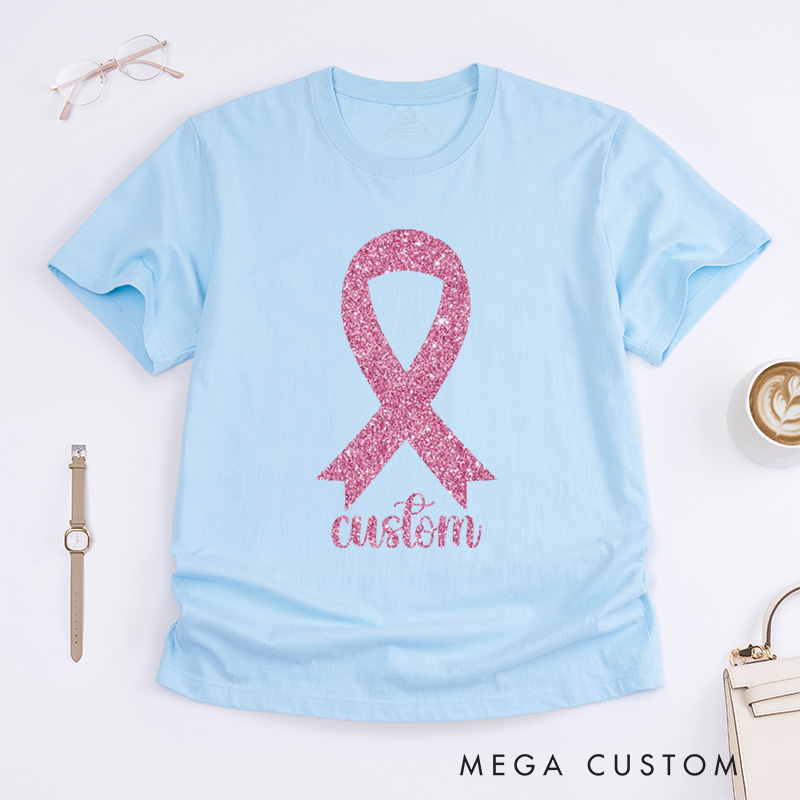 Personalized Pink Glitter Ribbon Breast Cancer T-Shirts Cancer Survivor Gift