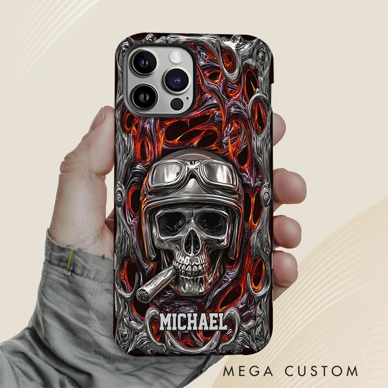 Personalized Motorcycle Skull Flame Phone Case Custom Name and Bike Style Gift for Bikers and Racing Lovers