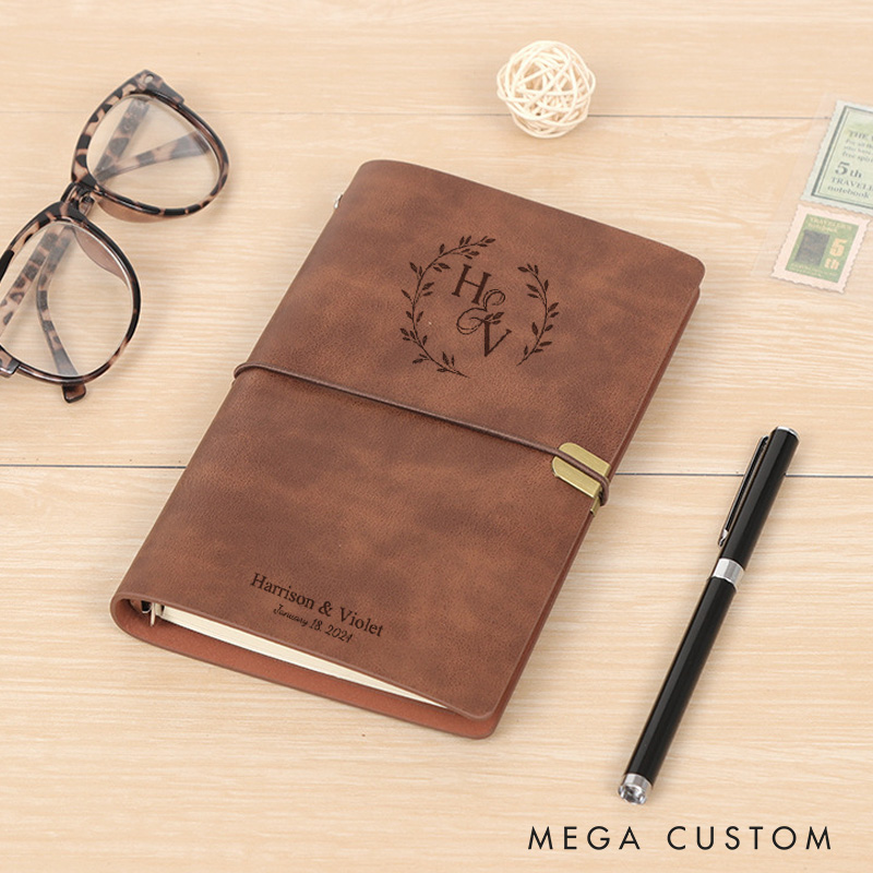 Personalized Laurel Branches with Initials and Date Wedding Couple A6 Leather Journals