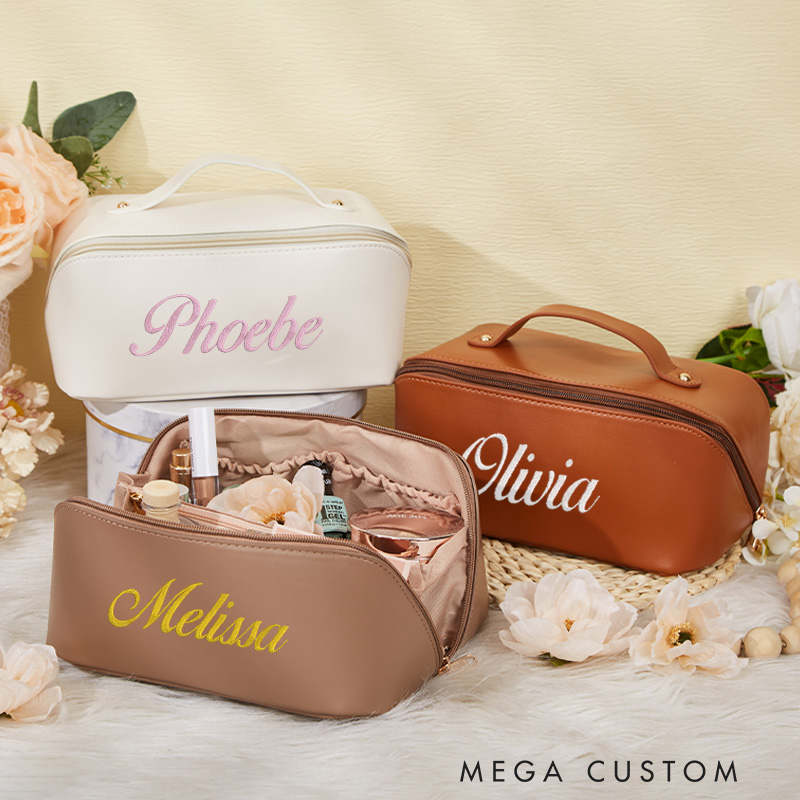 Personalized Embroidered Name Makeup Bag Leather Embroidered Cosmetic Bag Travel Gift For Her