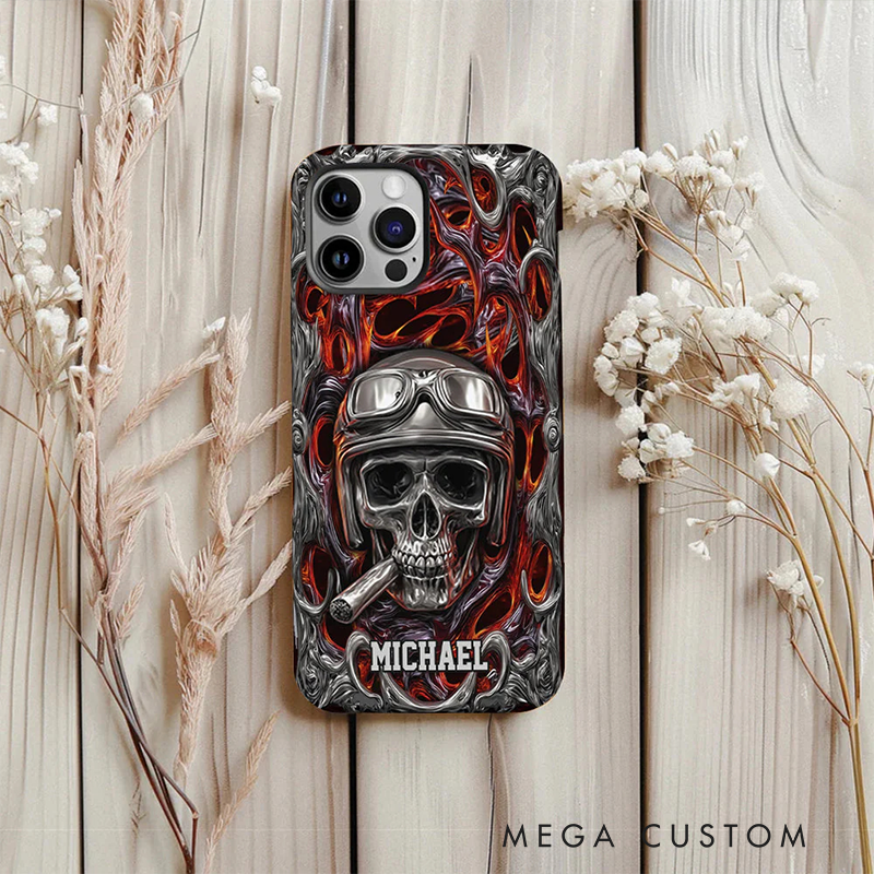 Personalized Motorcycle Skull Flame Phone Case Custom Name and Bike Style Gift for Bikers and Racing Lovers