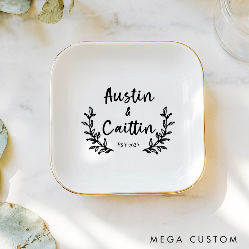Personalized Rustic Laurel Wreath Wedding Monogram with Names and Date Wedding Engagement Gold-Trimmed Ring Dishes