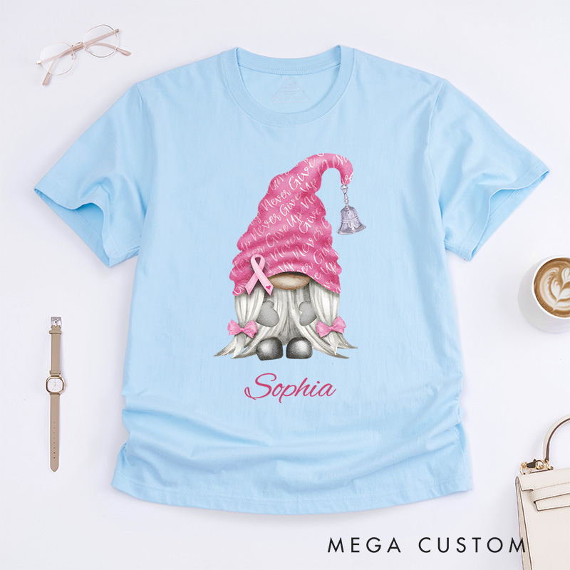 Personalized Breast Cancer Awareness Gnome Pink Ribbon T-Shirt Cancer Warrior Gift