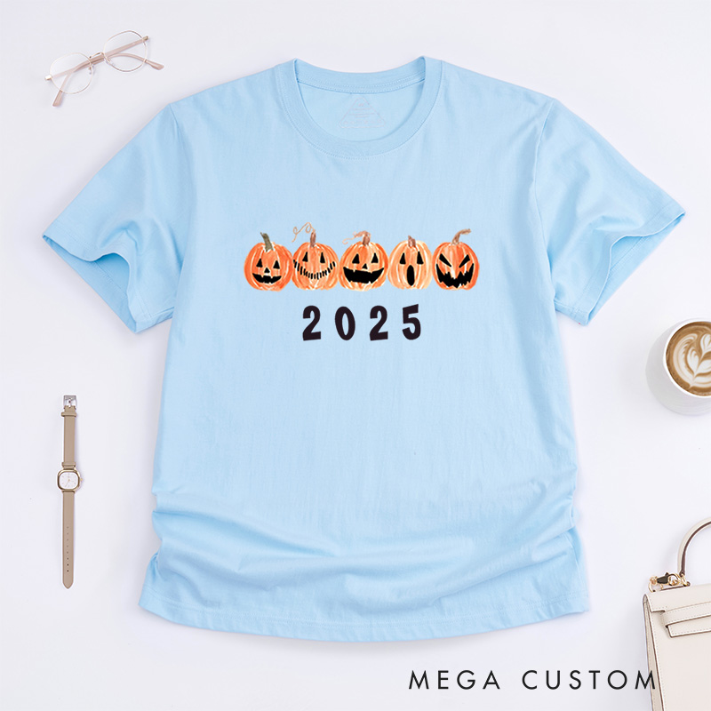Personalized Row of Jack-O-Lantern Pumpkins Halloween T-Shirt Perfect for Seasonal Festivities T-Shirt