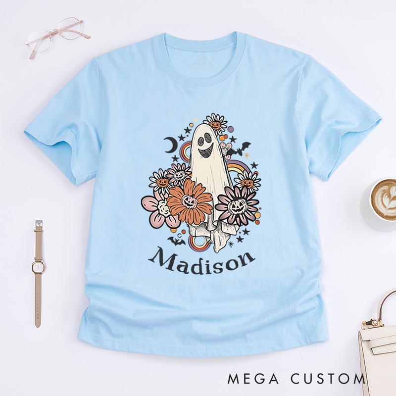Personalized Floral Ghost Halloween T-Shirt Perfect for Adding Whimsy and Charm to Festive Outfits T-Shirt