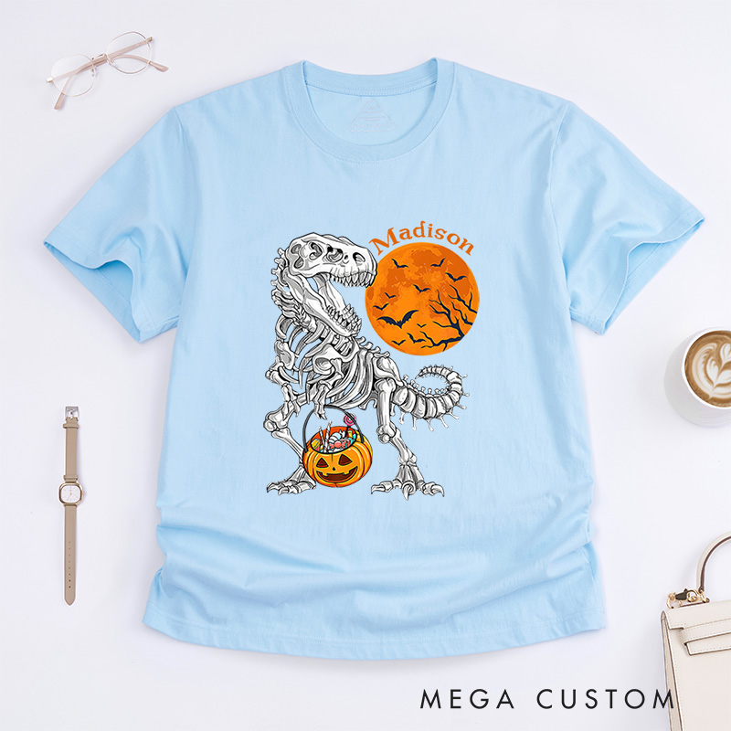 Personalized Dinosaur Skeleton Halloween T-Shirt Perfect for Adding a Unique and Spooky Twist T-Shirt