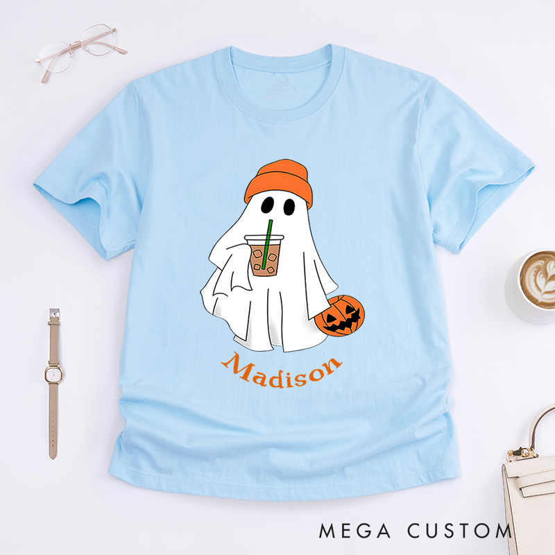 Personalized Ghost with Drink Halloween T-Shirt Perfect for Adding Humor and Charm to Festive Outfits T-Shirt