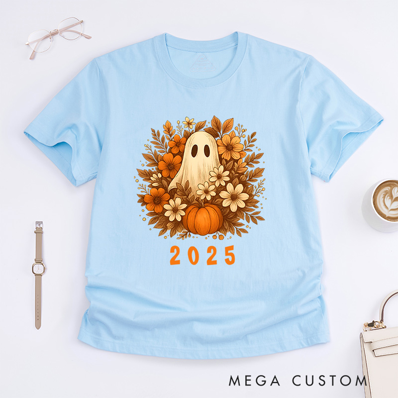 Personalized Ghost with Floral Wreath Halloween T-Shirt Perfect for Adding Elegance to Festive Outfits T-Shirt