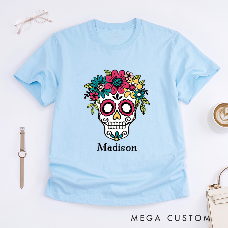 Personalized Sugar Skull Halloween T-Shirt Perfect for Adding a Vibrant and Artistic Touch T-Shirt