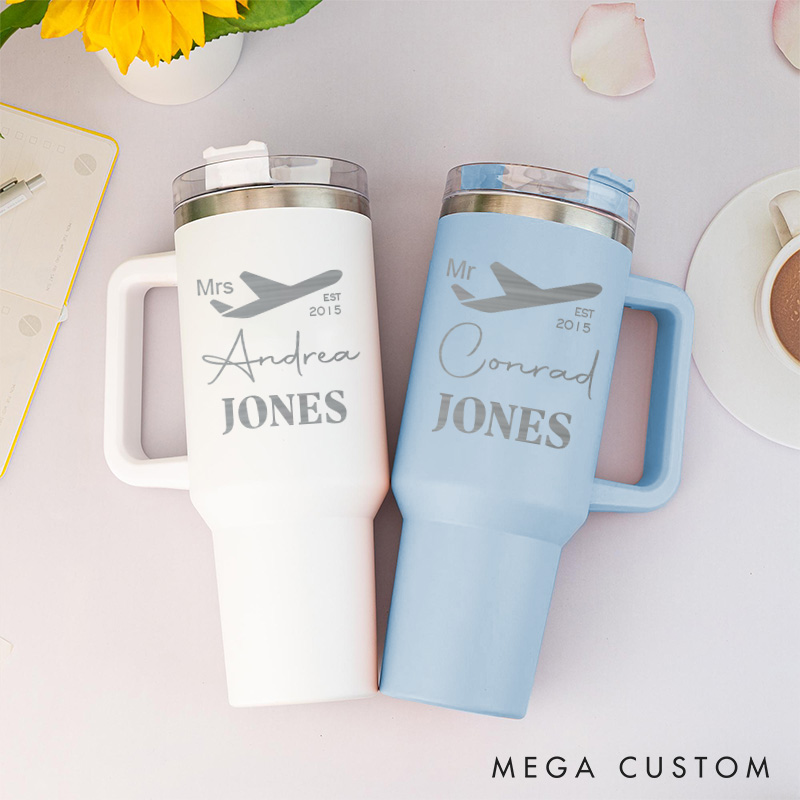 Personalized Mr. and Mrs. 40oz Anniversary Tumbler Couple Wedding Anniversary Travel Mug Gift Tumbler for Husband and Wife with Handle and Straw