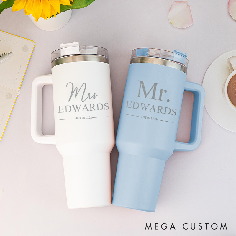 Personalized Wedding Anniversary Gift Tumbler Mr. and Mrs. 40oz Tumbler Couple Tumbler with Handle and Straw for Husband and Wife