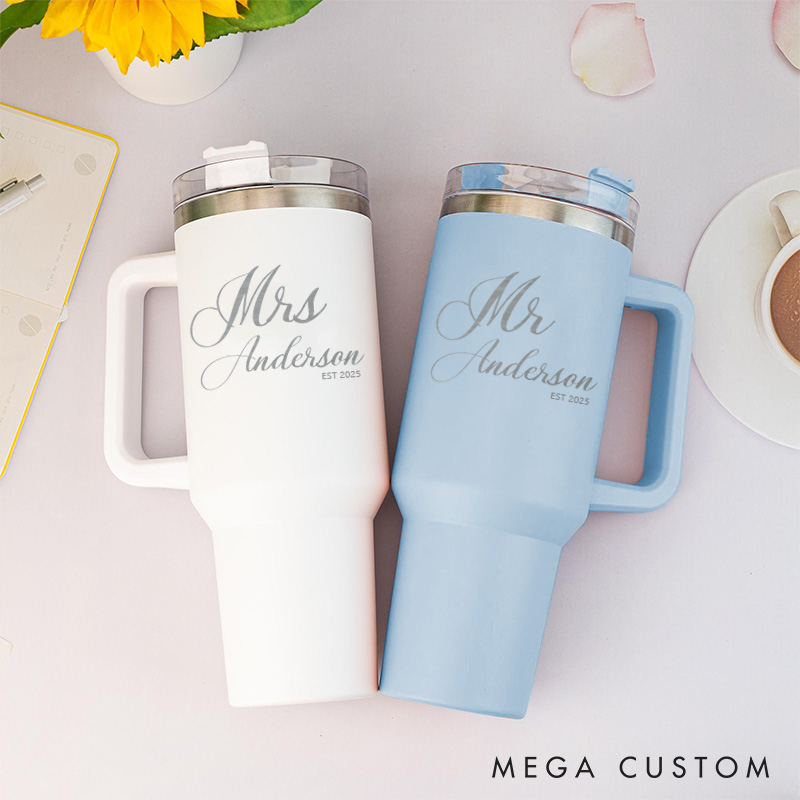 Personalized Couple 40oz Tumbler Mr. and Mrs. Anniversary Tumbler Husband and Wife Anniversary Travel Mug Wedding Keepsake Gift with Handle and Straw