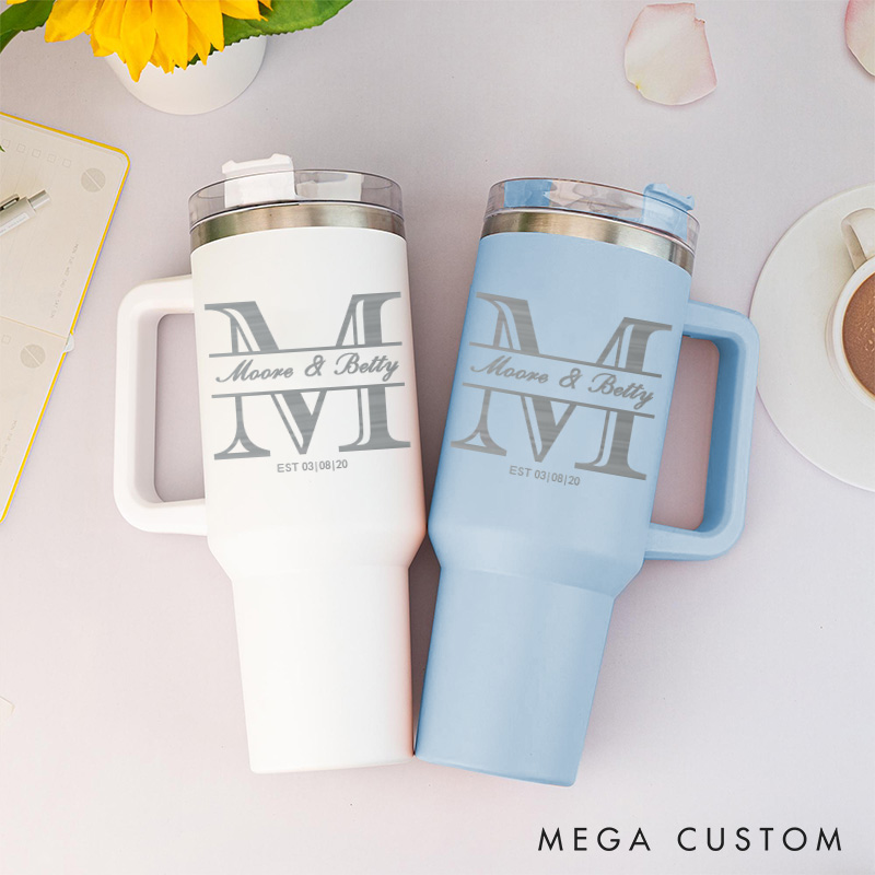 Personalized Couple Anniversary Gift Tumbler Mr. and Mrs. 40oz Tumbler Couple Travel Mug with Handle and Straw for Husband and Wife