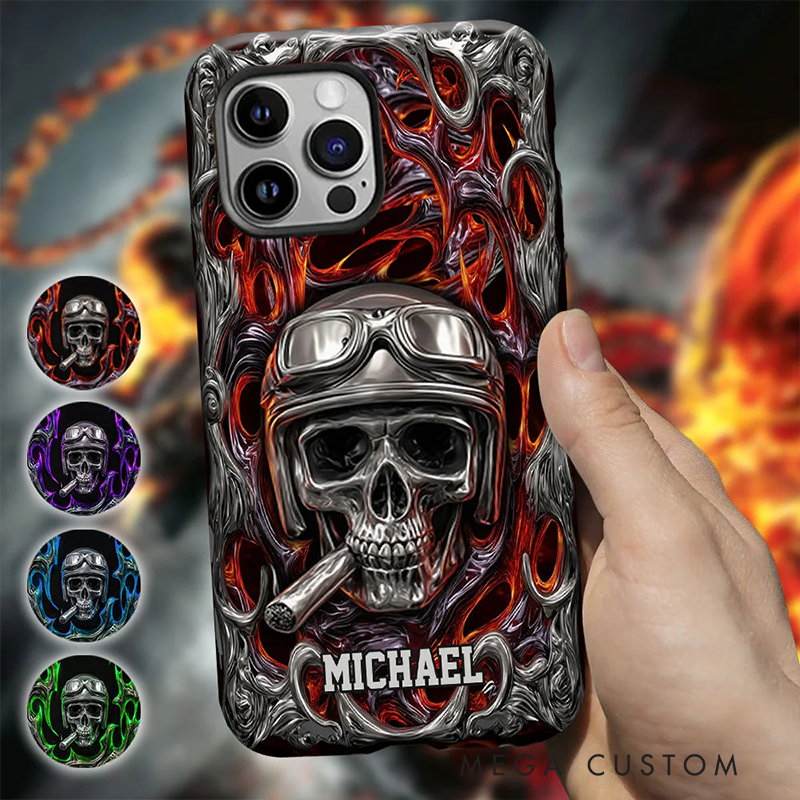 Personalized Motorcycle Skull Flame Phone Case Custom Name and Bike Style Gift for Bikers and Racing Lovers