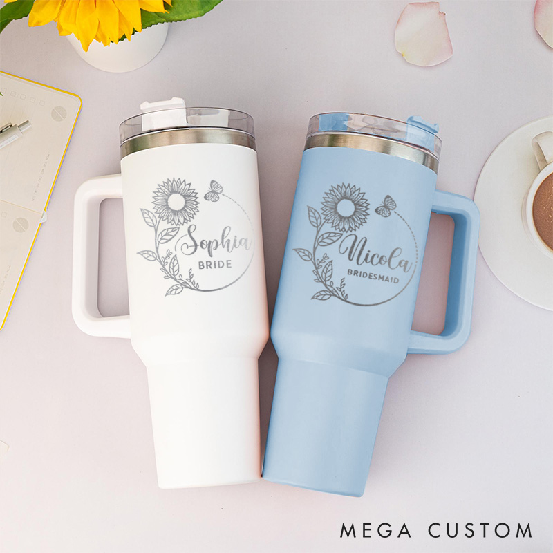 Personalized Bridesmaid Sunflower Wreath 40oz Tumbler Maid of Honor Tumbler with Lid and Straw Bachelorette Party Gift for Her Bridal Shower Tumbler