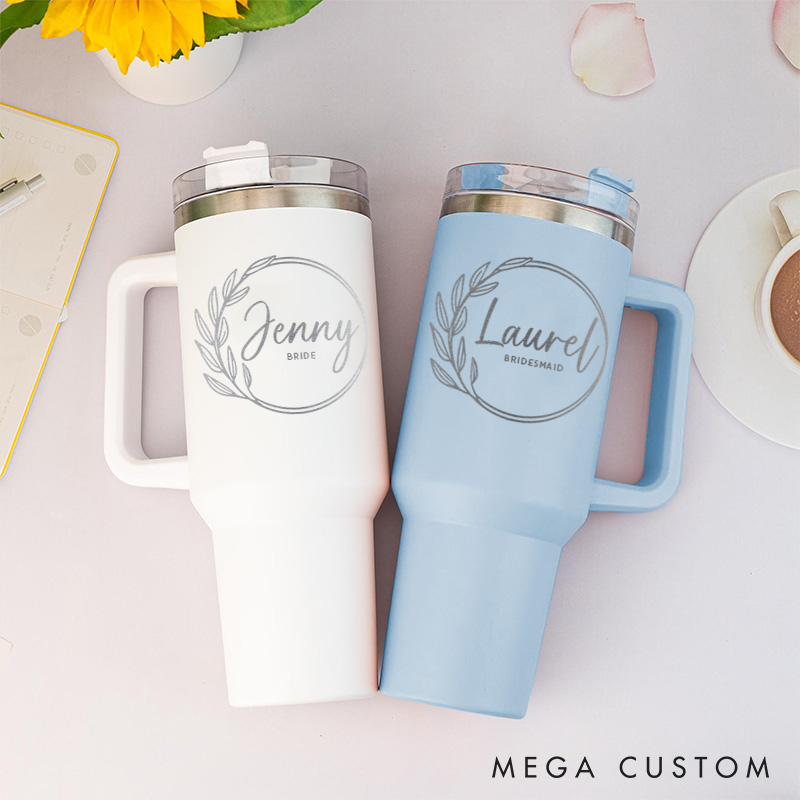 Personalized Bridesmaid Round Wreath 40oz Tumbler Maid of Honor Tumbler with Lid and Straw Bride Bachelorette Party Gift Bridal Shower Tumbler