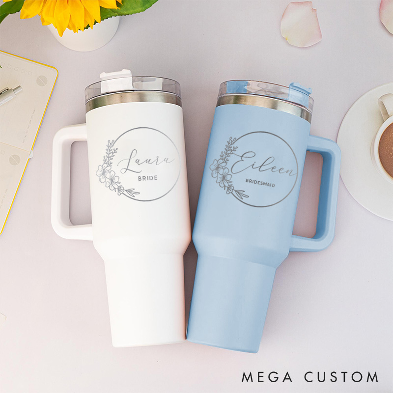 Personalized Bridesmaid Round Floral Wreath 40oz Tumbler Maid of Honor Tumbler with Lid and Straw Bride Bachelorette Party Gift Bridal Shower Tumbler