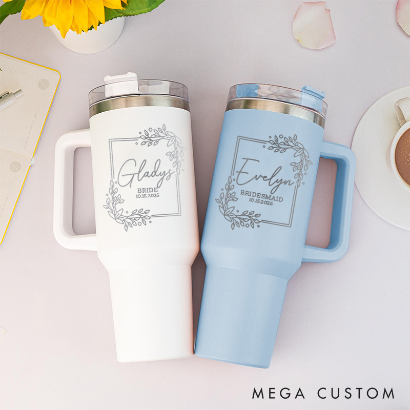 Personalized Bridesmaid Rectangle Wreath 40oz Tumbler Maid of Honor Tumbler with Lid and Straw Bride Bachelorette Party Gift Bridal Shower Tumbler