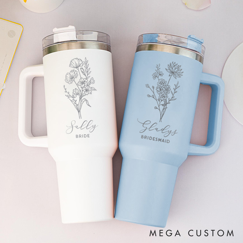 Personalized Stylish Bridesmaid Birth Flower 40oz Tumbler Bride Month Flower Tumbler with Lid and Straw Maid of Honor Bachelorette Party Gift for Her
