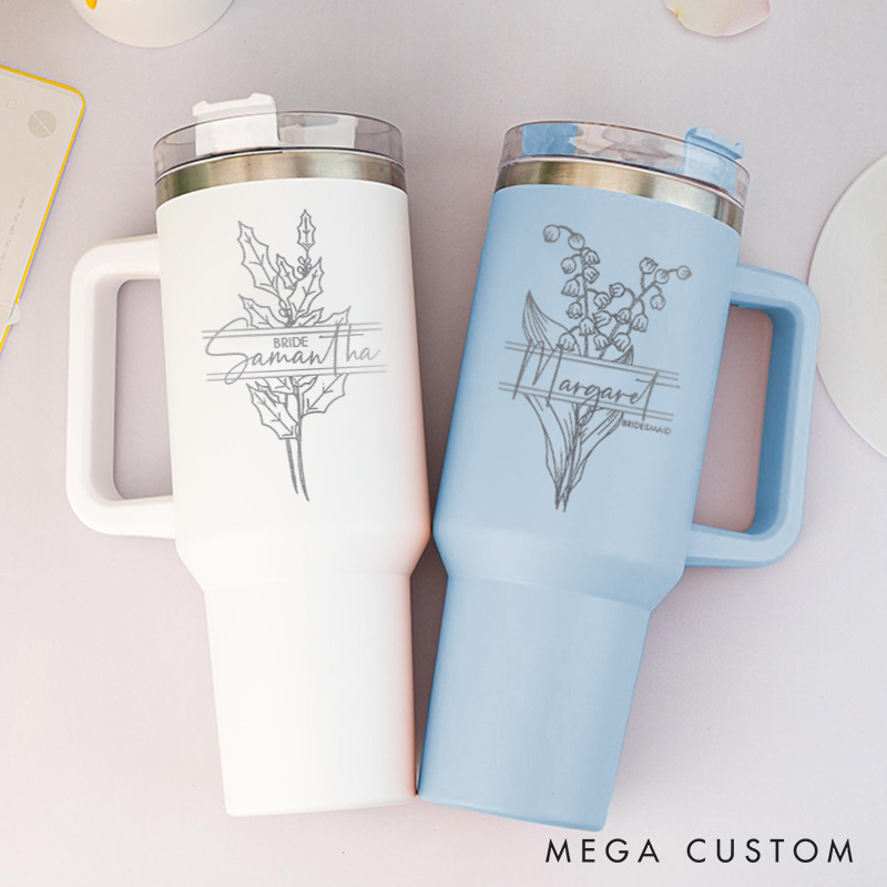 Personalized Delicate Bridesmaid Birth Flower 40oz Tumbler Maid of Honor Month Flower Tumbler with Lid and Straw Bride Bachelorette Party Gift for Her