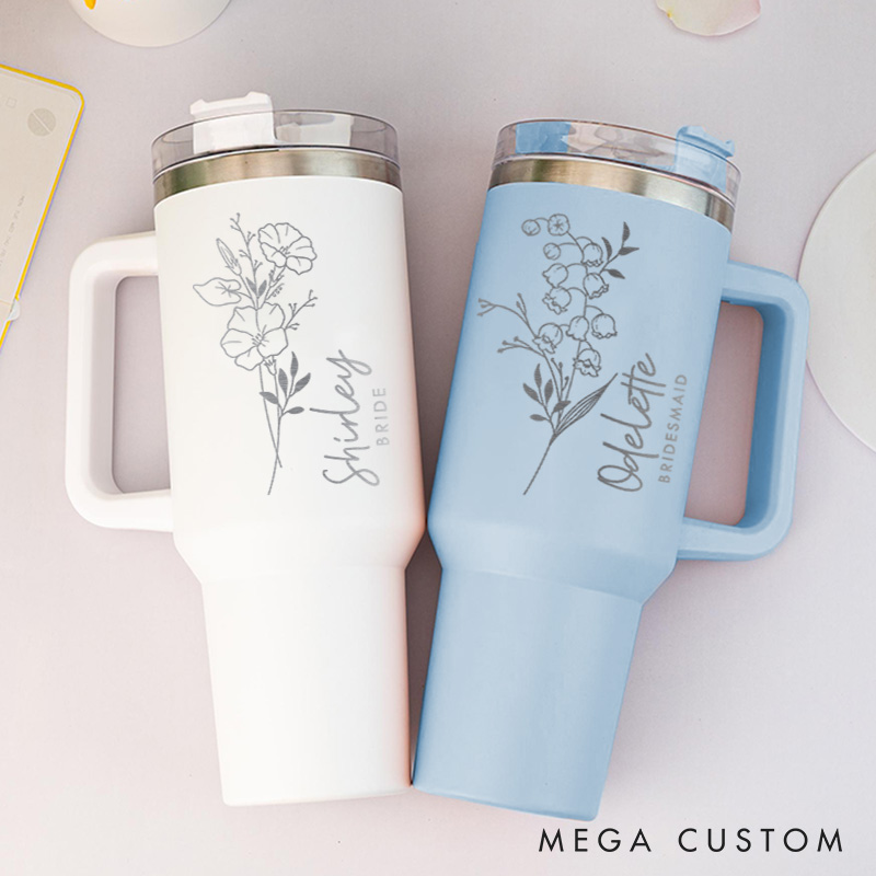 Personalized Bridesmaid Bride Birth Flower 40oz Tumbler Maid of Honor Month Flower Tumbler with Lid and Straw Bachelorette Bridal Shower Party Gift
