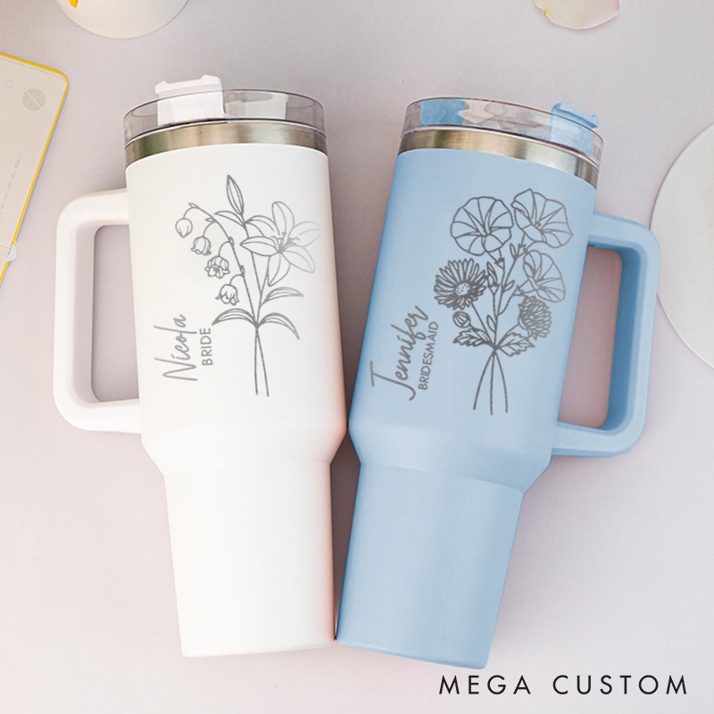 Personalized Stunning Bridesmaid Birth Flower 40oz Tumbler Maid of Honor Month Flower Tumbler with Lid and Straw Bachelorette Party Bridal Shower Gift