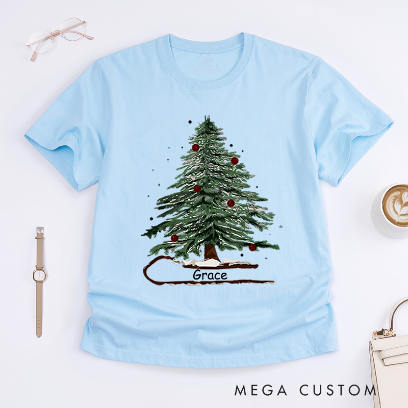 Personalized Festive Christmas Tree with Red Ornaments Christmas T-Shirt