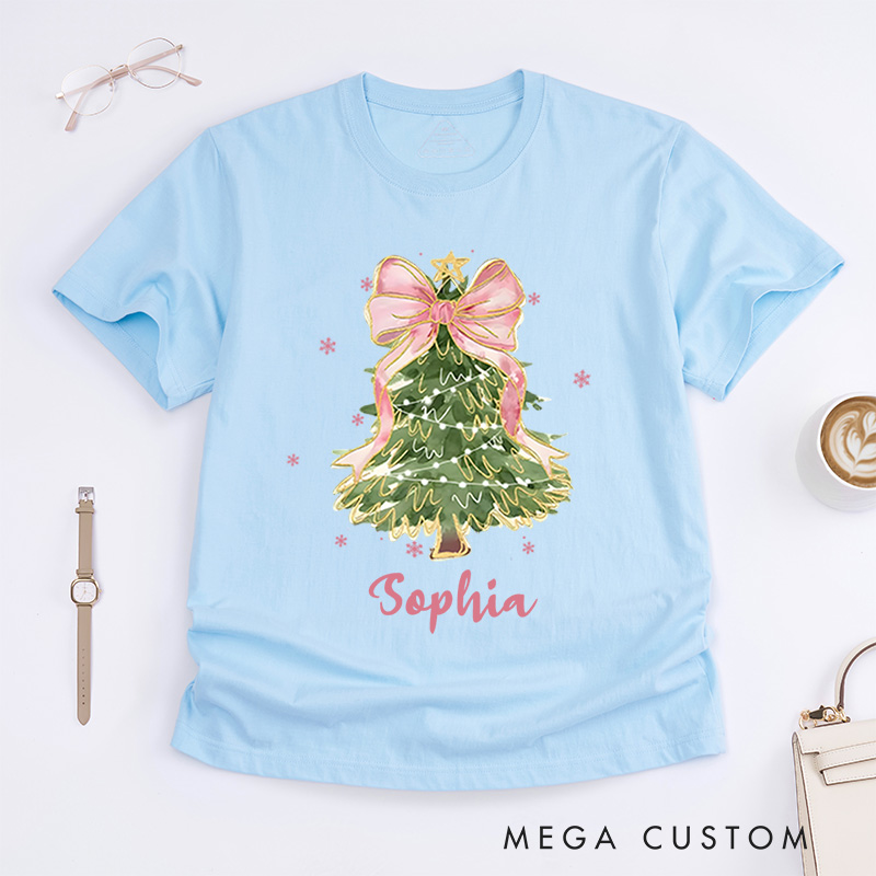 Personalized Christmas Tree with Pink Bow and Lights Christmas T-Shirt