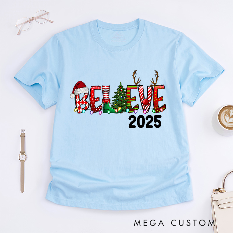 Personalized Believe with Holiday Icons and Reindeer Antlers Christmas T-Shirt