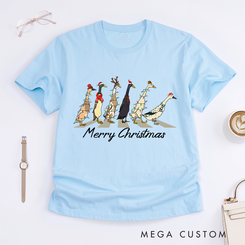 Personalized Geese Walking with Christmas Lights and Hats Christmas T-Shirt