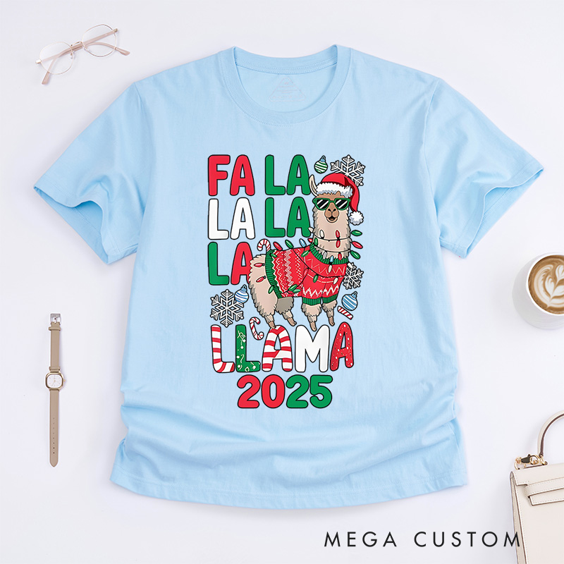 Personalized Fa La La Llama with Santa Hat and Scarf Christmas T-Shirt