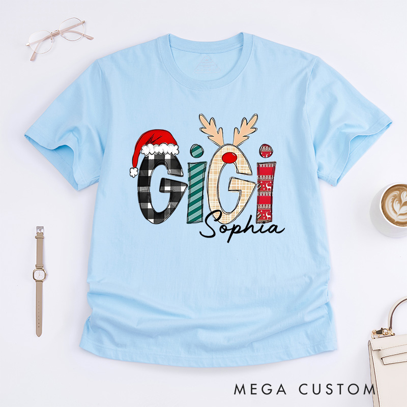 Personalized Gigi with Festive Patterns and Santa Hat Christmas T-Shirt