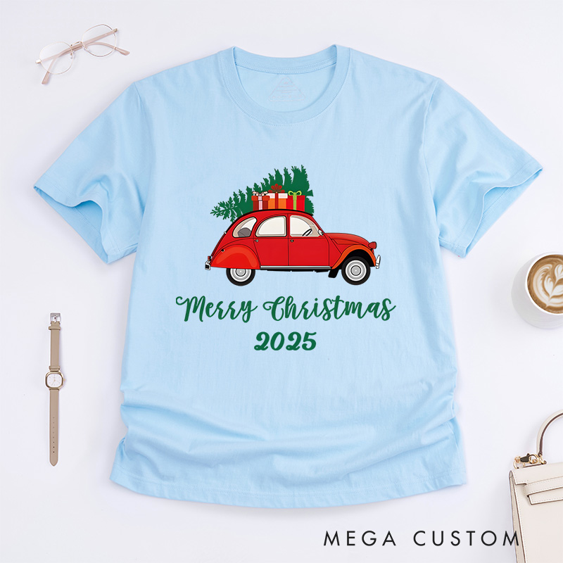 Personalized Red Car Carrying Christmas Tree with Merry Christmas Text Christmas T-Shirt