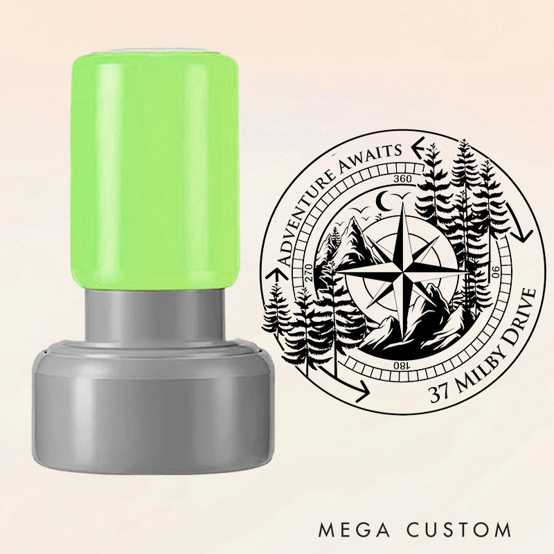 Personalized Stamp Adventure Awaits Compass Design Custom Address Mountain and Forest Theme Decorative Stamp for New Homeowners and Gifts