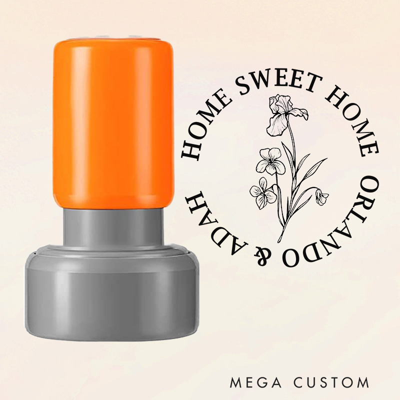 Personalized Round Housewarming Stamp Home Sweet Home Design February Birth Flower Violet Custom Names Decorative Stamp for New Homeowners and Gifts