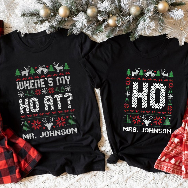 Personalized Playful Where’s My Ho At Christmas Matching Couple Classic T-Shirt