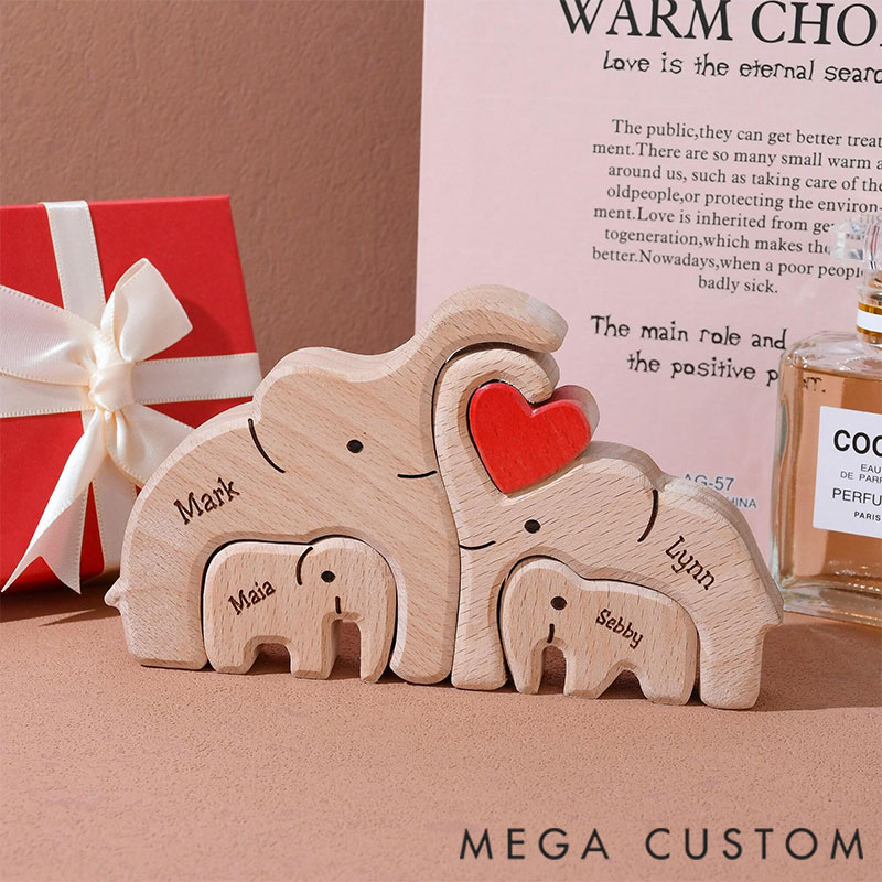 Personalized Wood Elephant Figurine Cuddling Decoration Hand-Carved Elephant for Family Keepsake Gifts