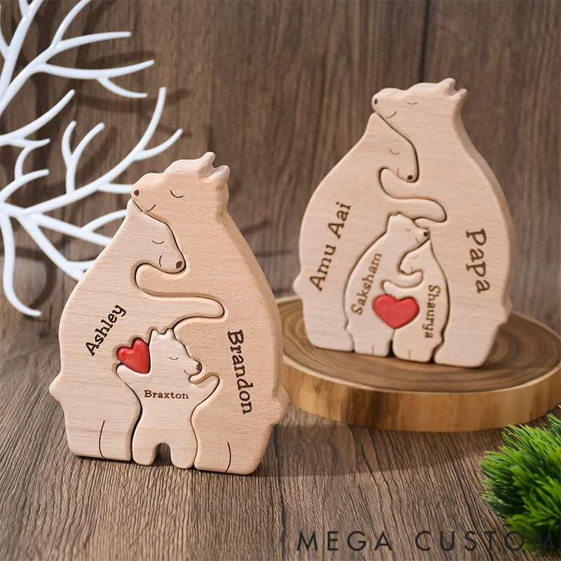 Personalized Carved Wooden Bear Family Jigsaw Puzzle, Wood Bear Figurines, Hugging Bear Family Keepsake Gift for Parents, Christmas Bear Decor
