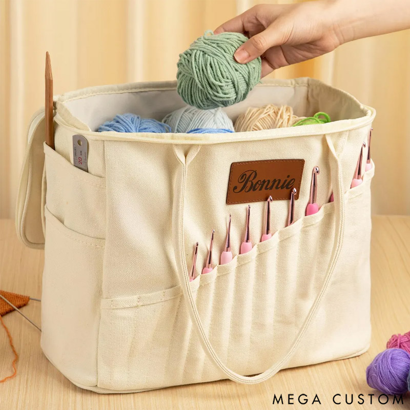 Personalized Monogram Large Canvas Yarn Storage Bag with Needle Pockets and Handle Crochet Knitting Accessories Birthday Gift for Craft Lovers