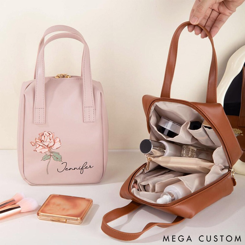 Personalized Birth Flower Name Portable PU Leather Makeup Bag with Handle and Multiple Compartments Travel Accessories Birthday Gift for Women Girls