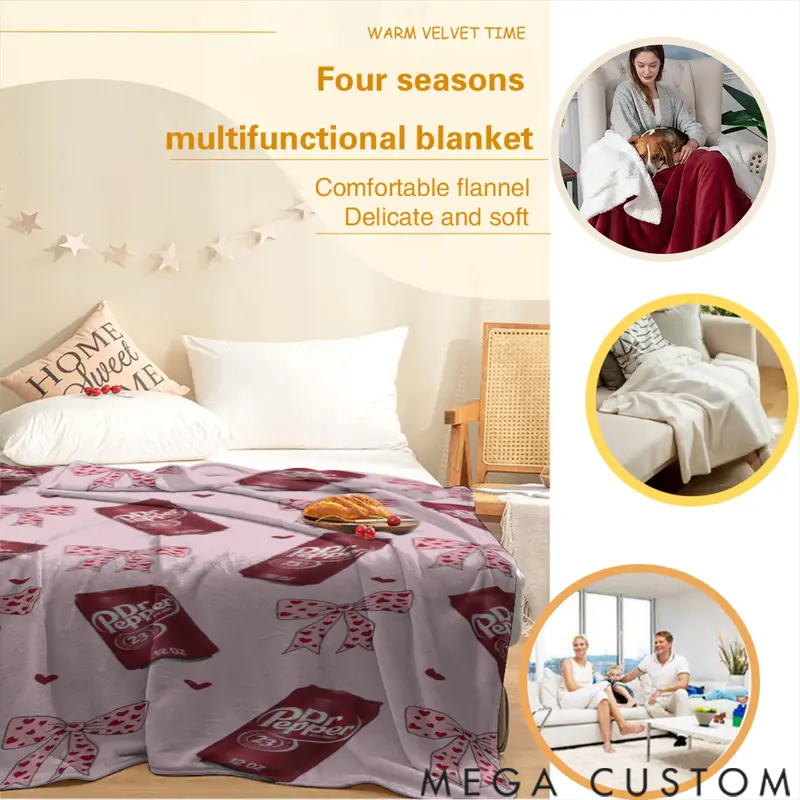 Personalized Dr Pepper Flannel Leopard print bow Throw Blanket - Versatile For Sofa, Bed, Office, Camping- Cozy Nap Blanket