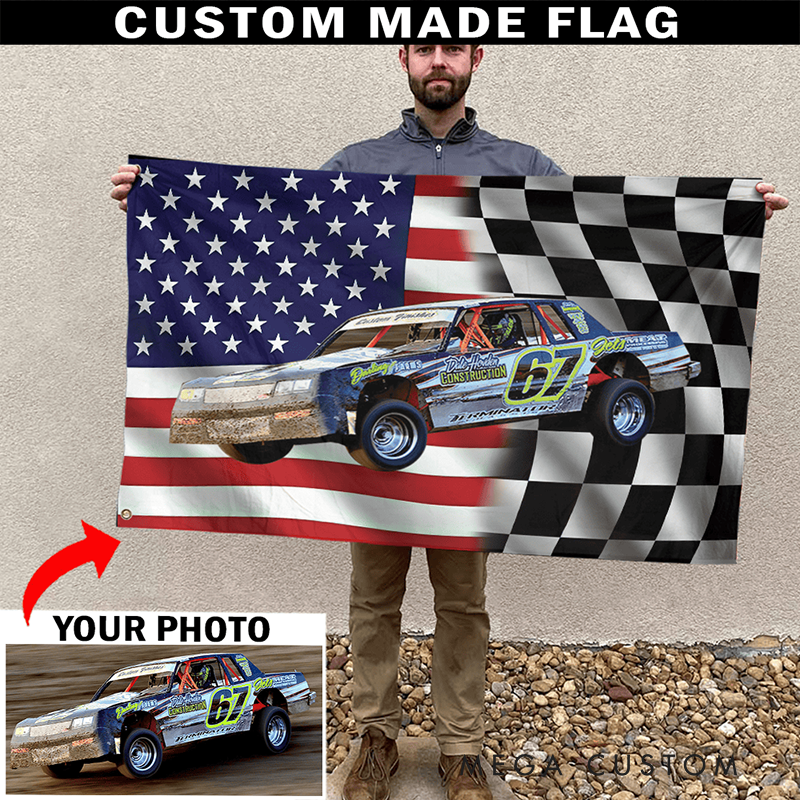 Personalized Racing Car Tapestry with Check Flag Design Custom Racing Car Photo Wall Hanging Gift for Racers and Racing Lovers