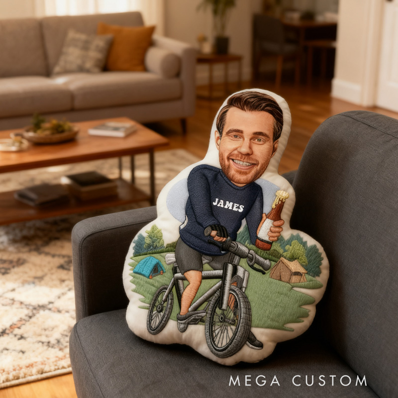 Personalized Photo Pillow Cartoon Cyclist Beer Graphic 3D Print Funny Letter Pillow Custom Name Pillow Comfortable Travel Cushion for Riders Riding Lovers
