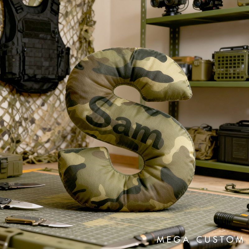 Personalized Camo Throw Pillow Initial Shaped Pillow Custom Throw Pillow with Name Military Style Pillow Gift for Men Boys Military Adventure-Themed Gifts