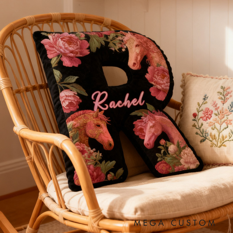 Personalized Riding Equestrian Floral Letter Pillow Horse Custom Name Festive Flower Decor with French Countryside Gifts for Family Graphic 3D Print for Riding Lovers Equestrian Lovers
