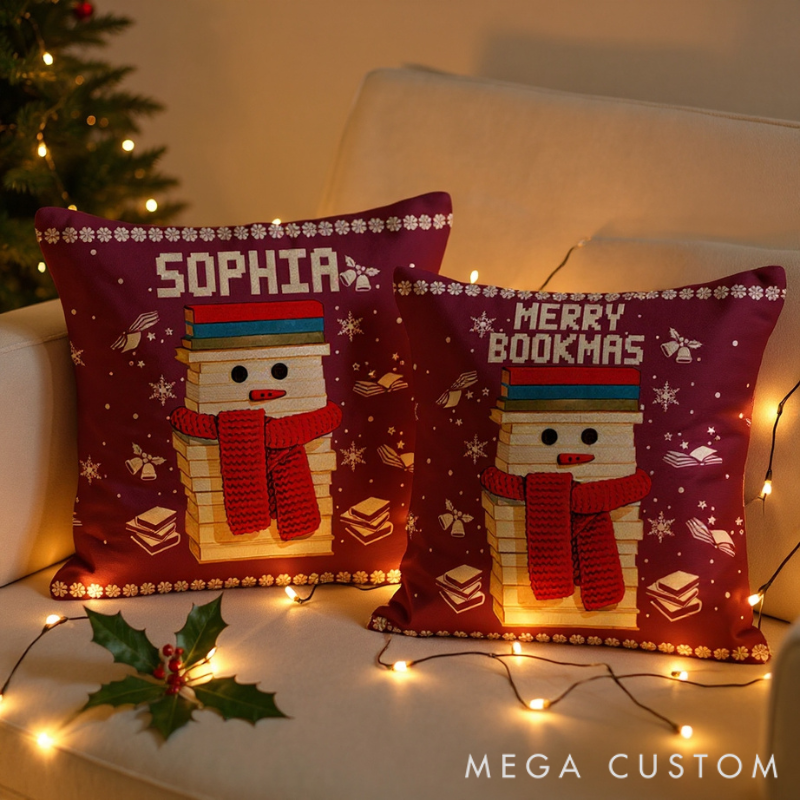 Personalized Christmas Bookworm Pillow with Name Warm Holiday Gift for Book Lovers